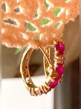 10K Ruby & Diamond Huggie Dangle Earrings